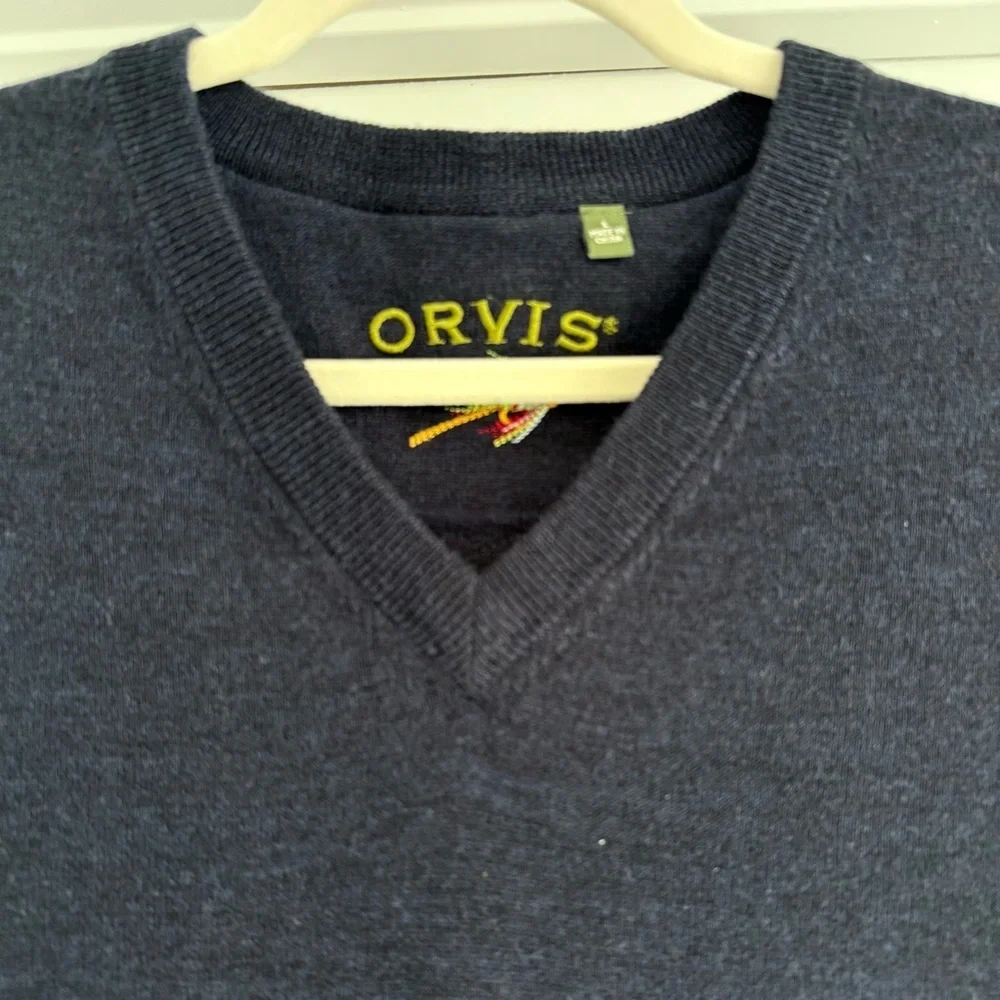 ORVIS 100% Merino Wool Navy Knit Sleeveless V Neck Sweater Vest L